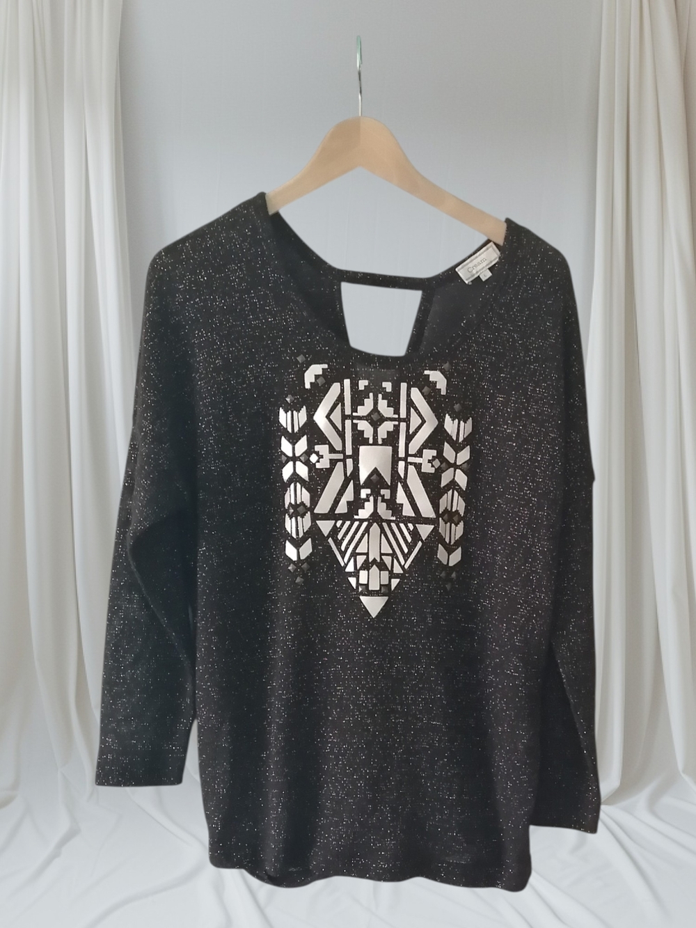 Black Metallic Graphic Scoop-Neck Sweater